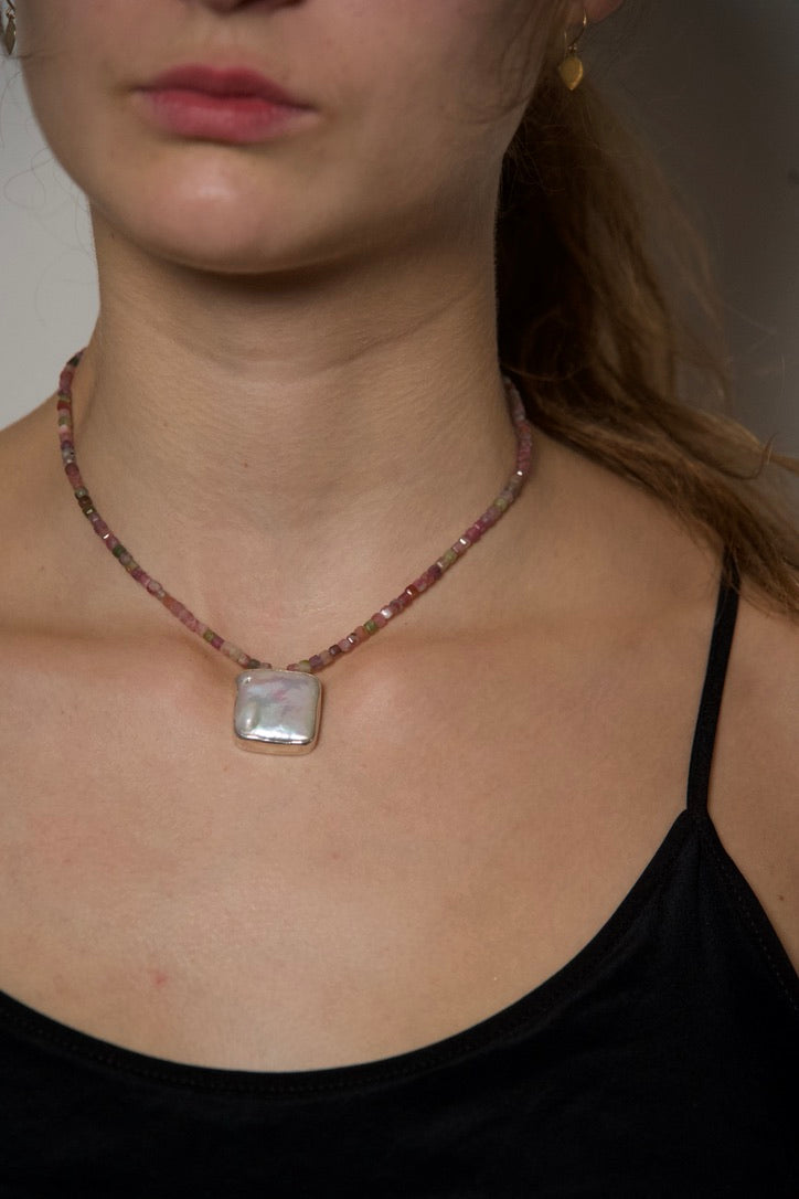 Watermelon Tourmaline Necklace with River Pearl